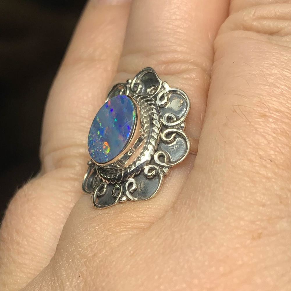Solid Sterling Australian Opal Flower Ring - image 5